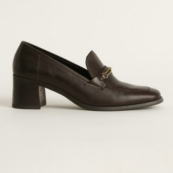 Y2K Nine West Brown Leather 90s Minimalist Leather Heeled Loafers Gold Detail 9 - Picture 4 of 10